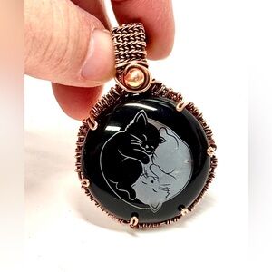 HAND CRAFTED Etched Cat Black Onyx Wire Wrapped Copper Pendant Necklace